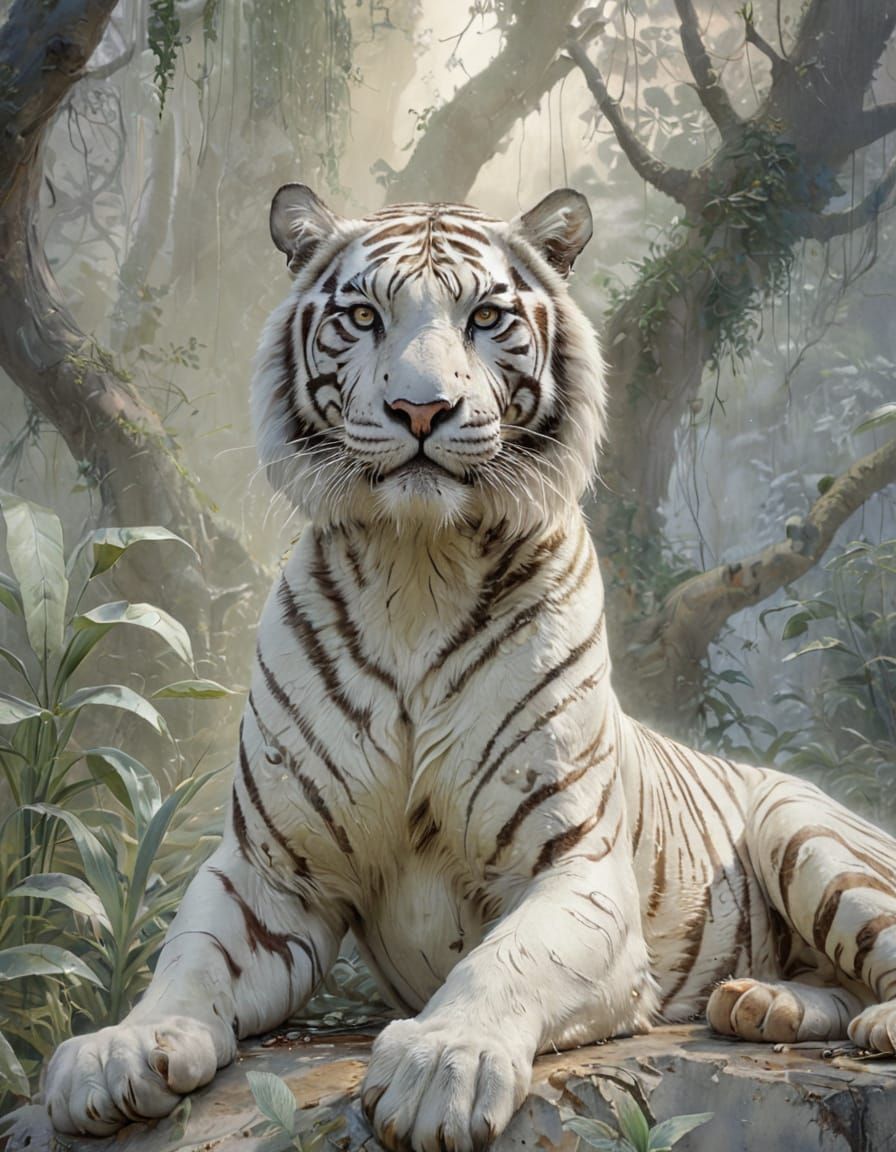 Surreal Watercolor Tiger Emerges from Foggy Jungle