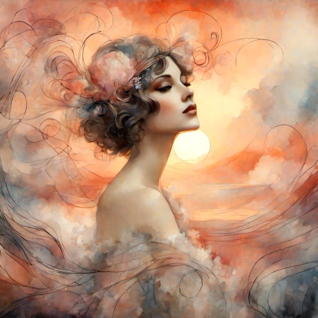 Flapper Portrait in 1920s Style with Dreamy Sunset