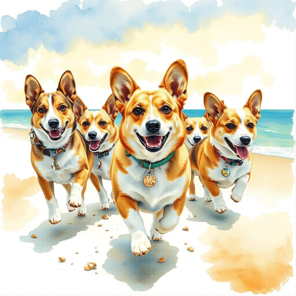 Corgi's running down the beach