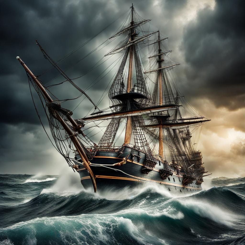 Pirate Ship Versus British Frigate in Stormy Seas