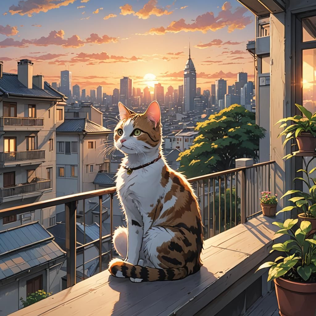 Cat Observes Sunset in Anime Style