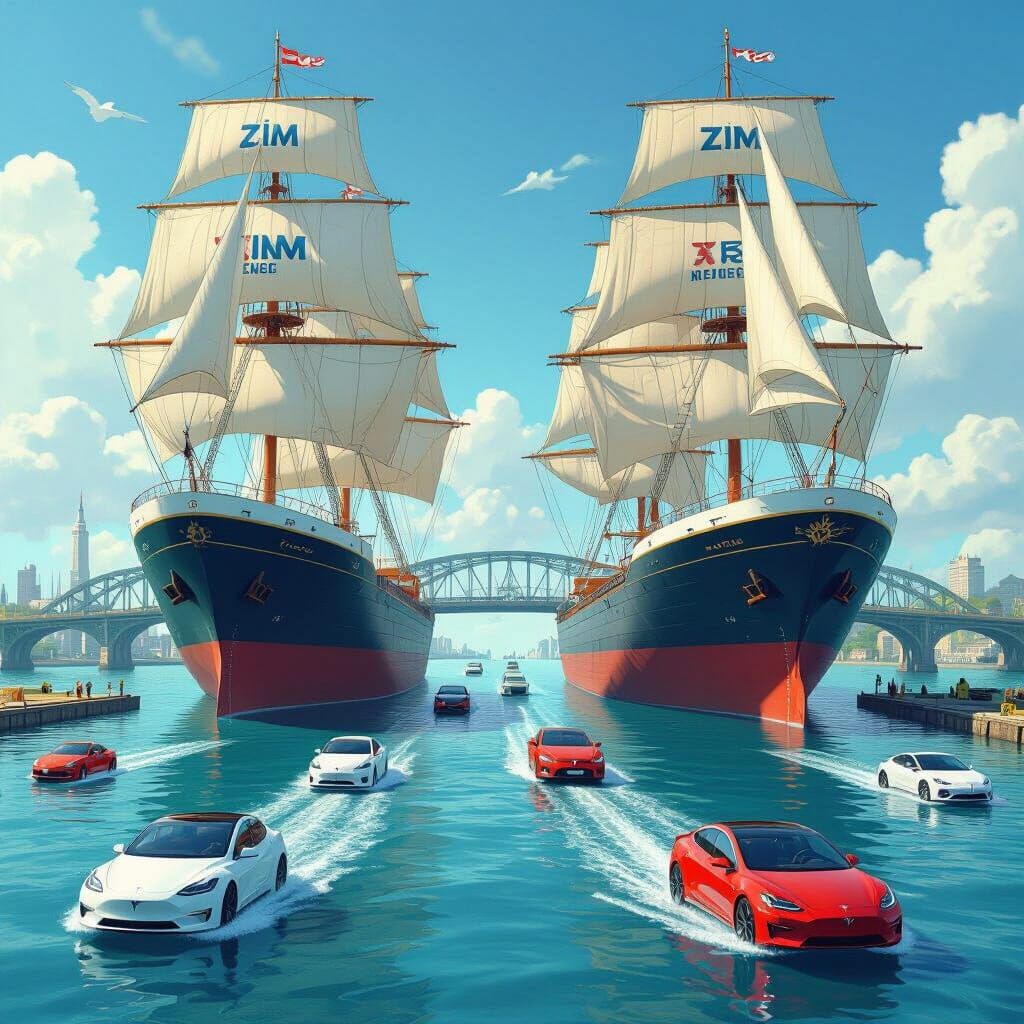 Surreal River Scene With Ships on Bridge and Cars on Water
