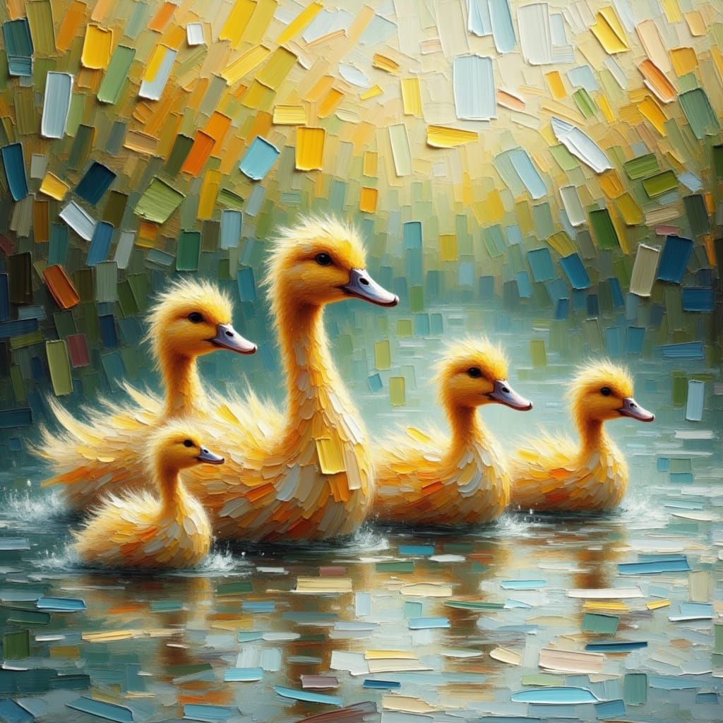 Adorable Ducklings Follow Mother Duck Beside Pond in Impasto...