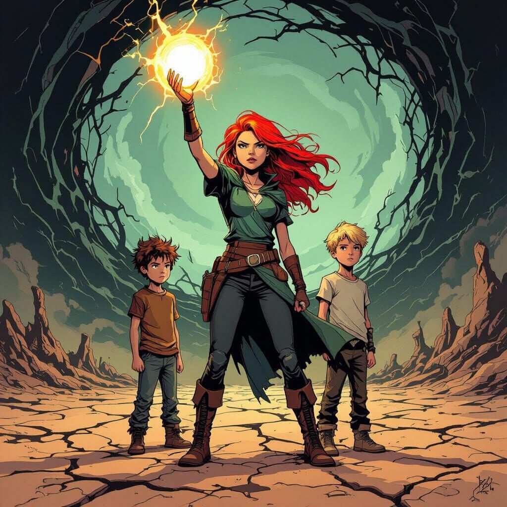 Courageous Trio in Barren Wasteland Comic Style