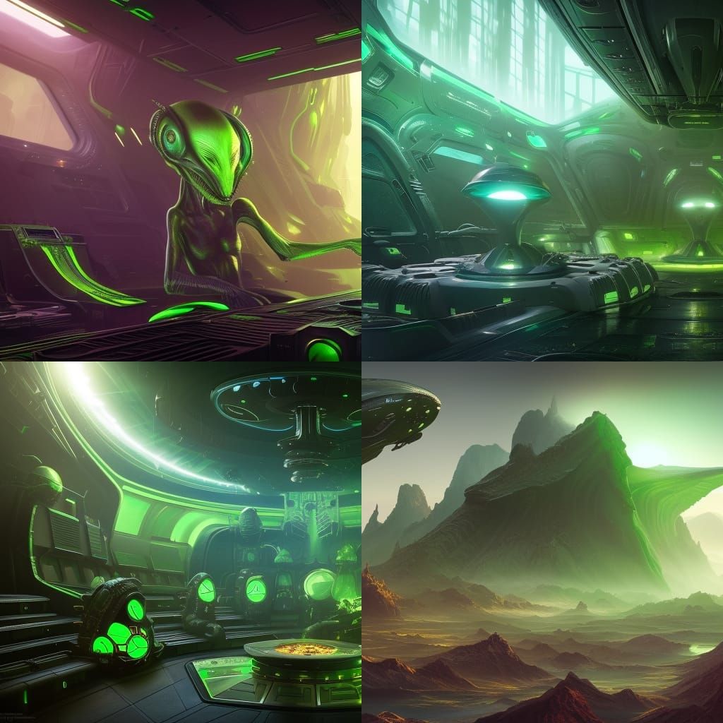 Green Alien in Spaceship Command Room: Detailed Matte Painti...