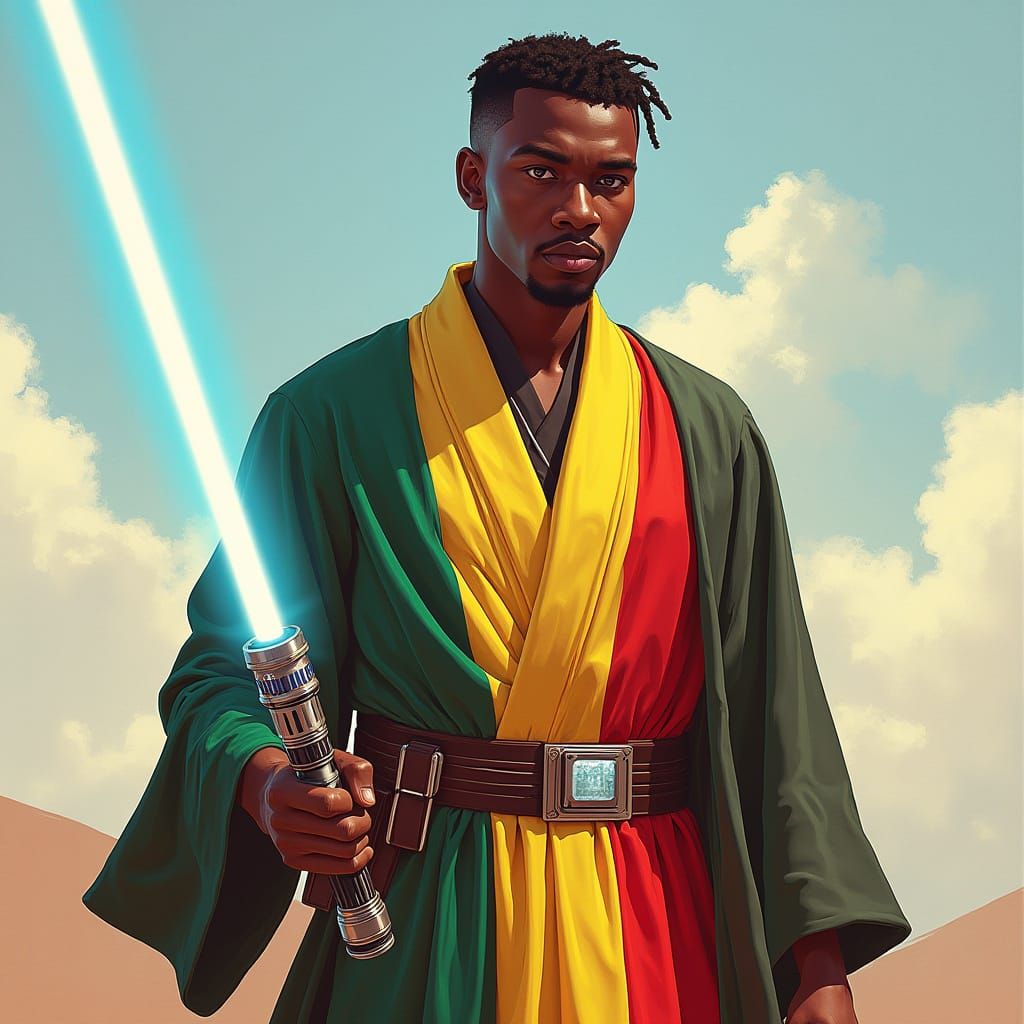 Black Luke Skywalker in Ghana's Flag Robes with Lightsaber a...
