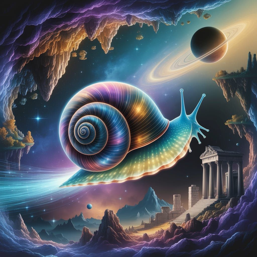 Bioluminescent Galaxy Snail Gliding Through Nebula
