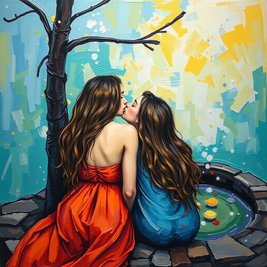 Couple Kissing by Well in Neo-Impressionist Style
