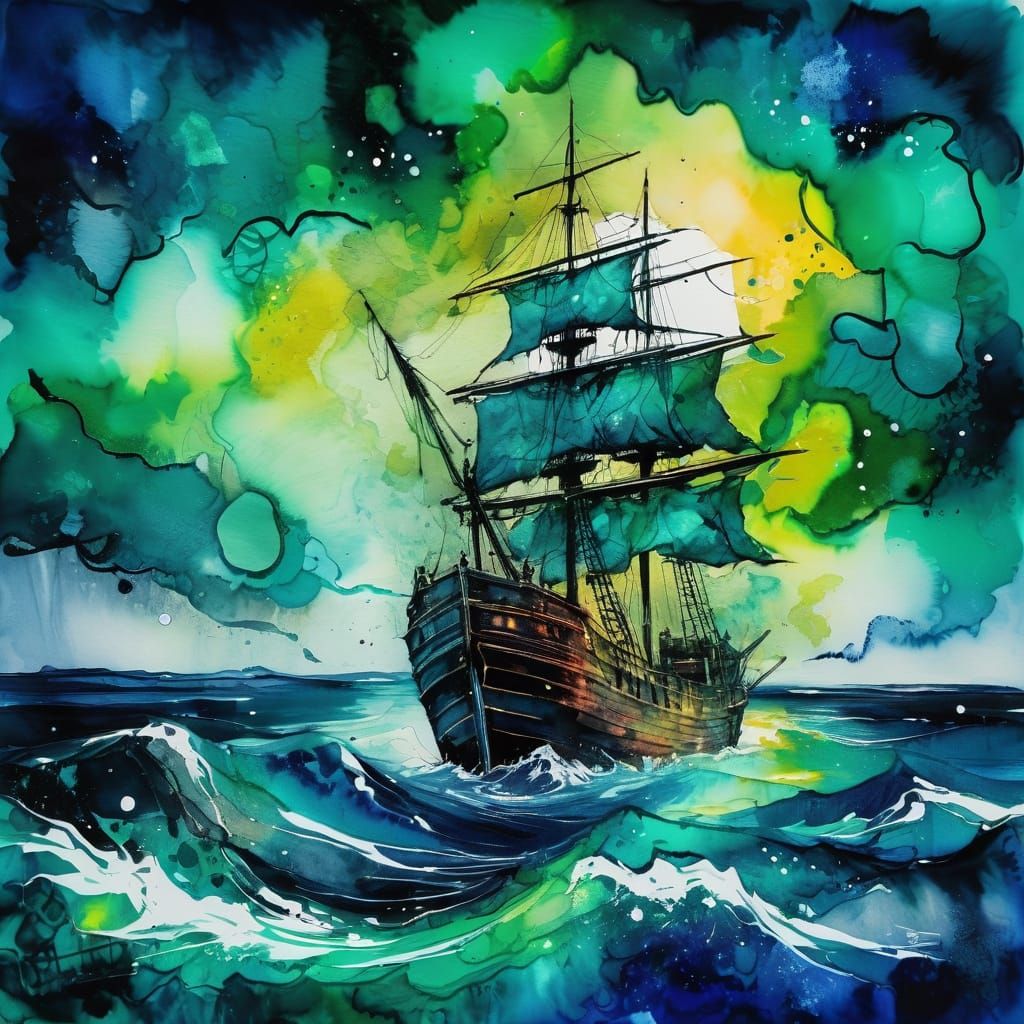Ghost Ship on Stormy Seas in Watercolor Impressionism