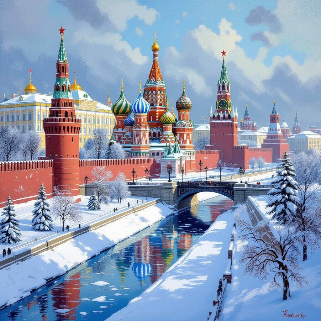 Winter Kremlin Scene in Realistic Landscape Style