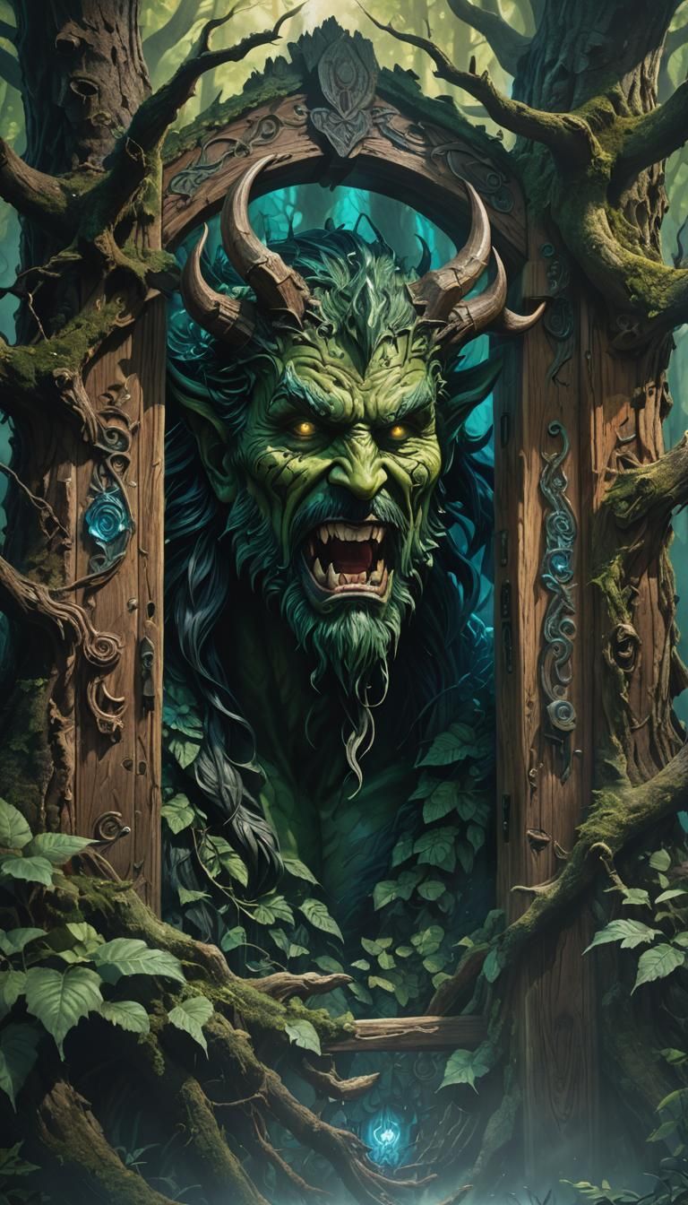 Mystical Woodcutter with Succubus Mask in Dark Forest