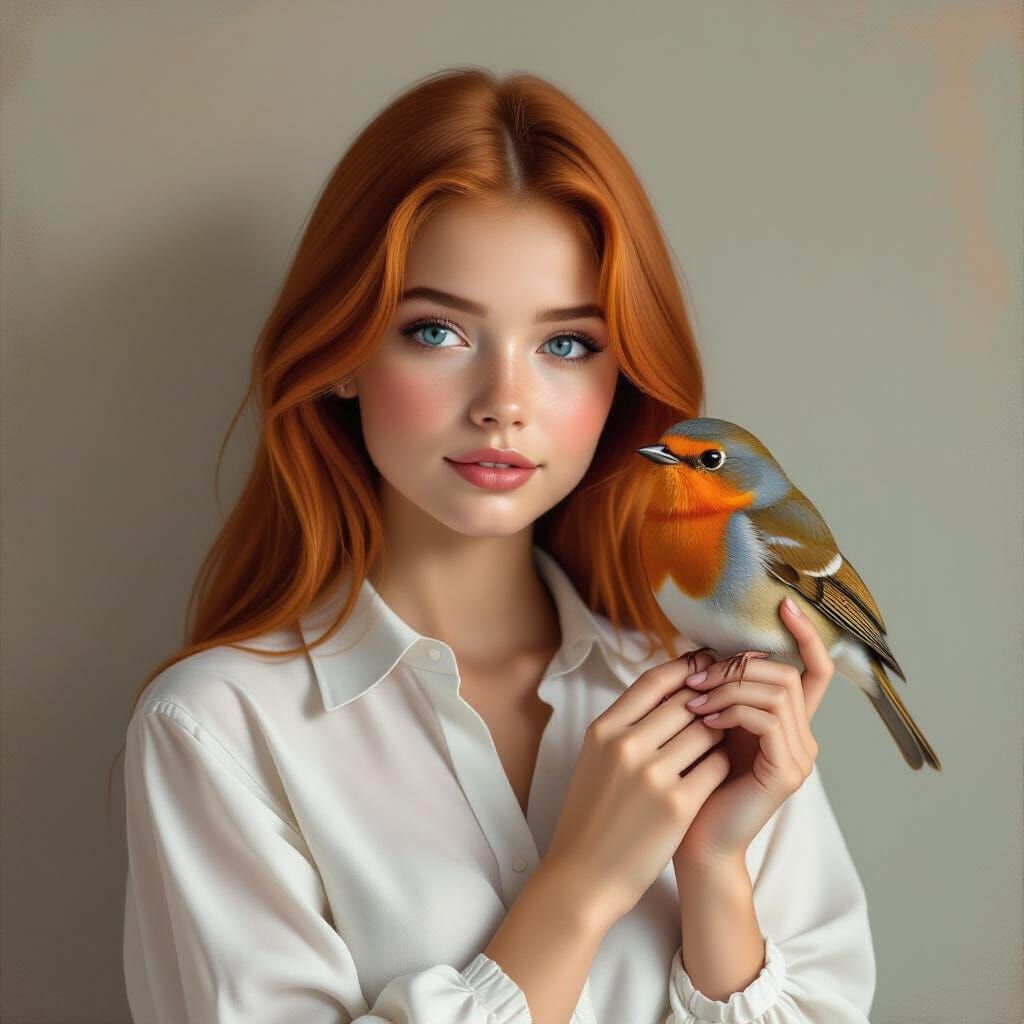 Hyperrealistic Redhead Girl with Bird