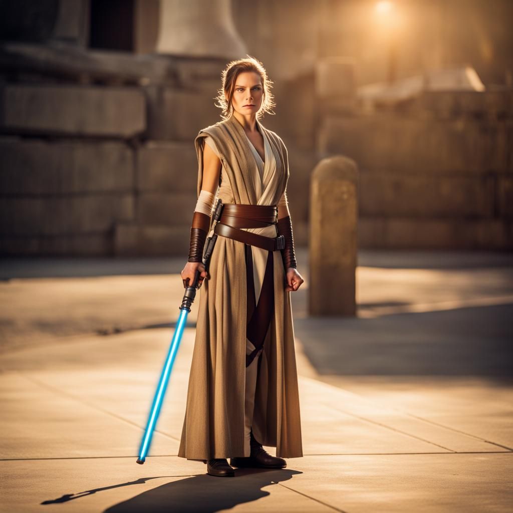 Female Jedi Knight Triumphant in Sunlight