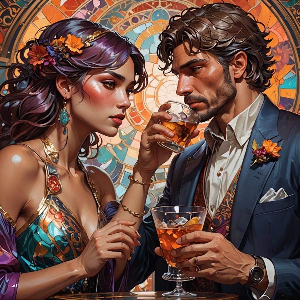 Couple Toasting in Art Nouveau Style