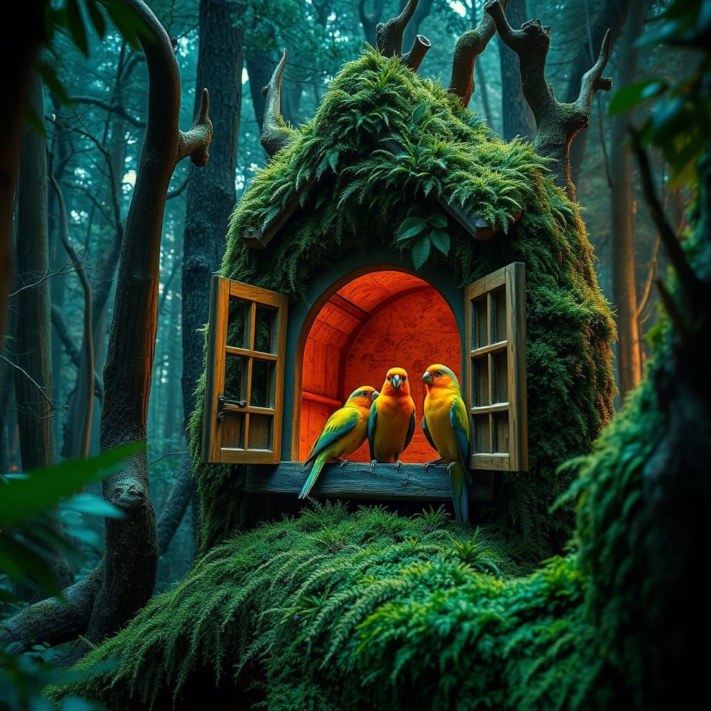 Futuristic Elf Birdhouse in Hyperrealistic Forest