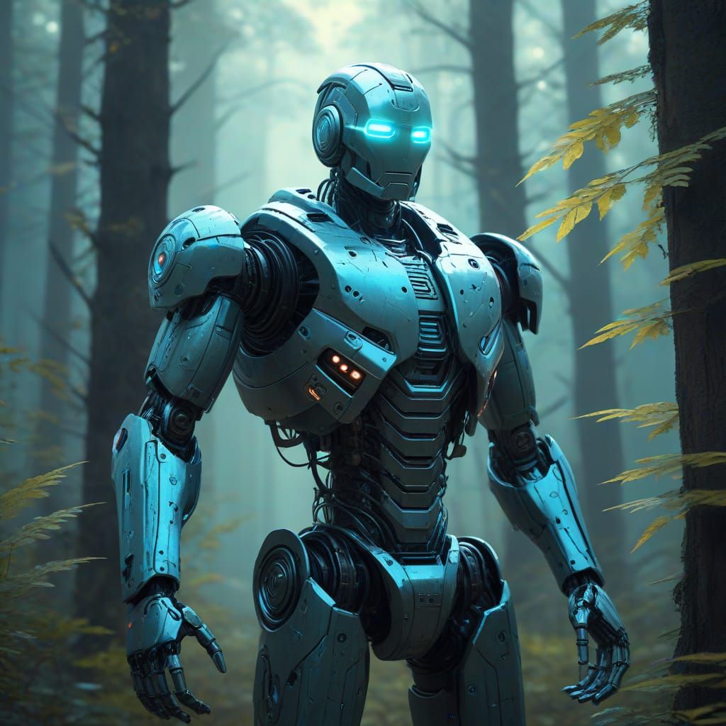 Futuristic Robot in Misty Forest, Digital Painting