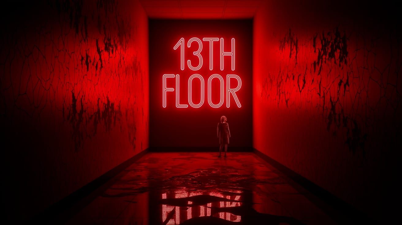 Eerie Neon Lit Office Nightmare with Tiny Lady