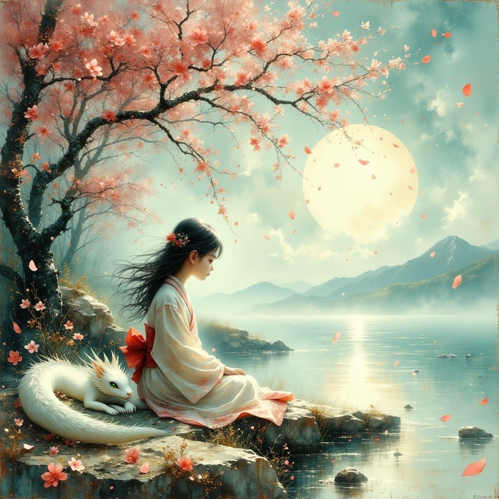 Japanese Fantasy Scene: Girl, Dragon, and Swirling Petals