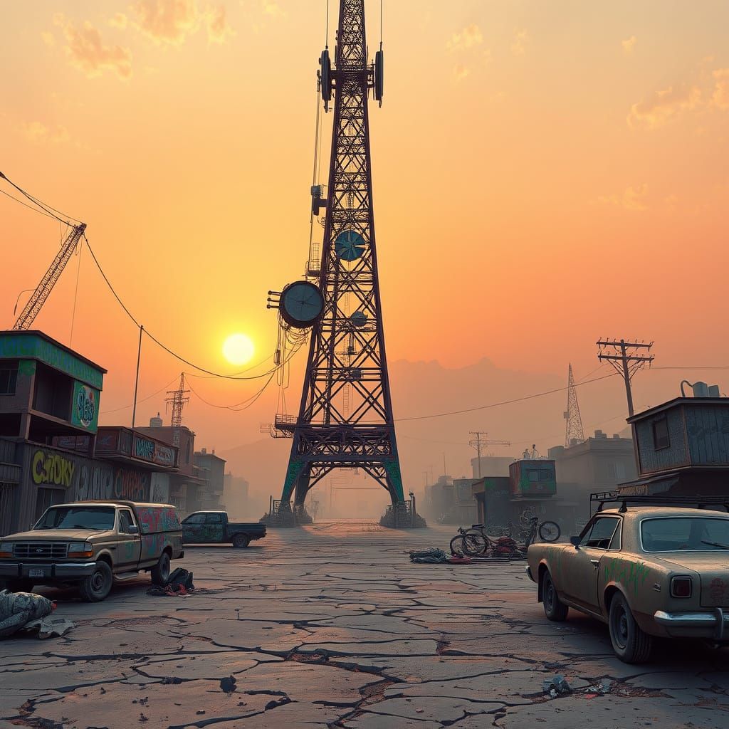 Dystopian Radio Tower in Desert Slum, Industrial Art