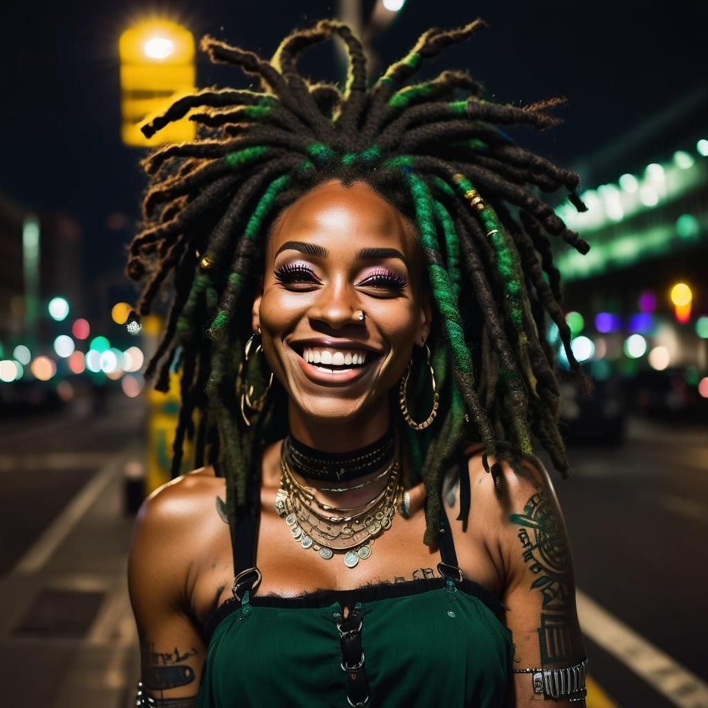 Laughing Woman with Green Dreadlocks in City