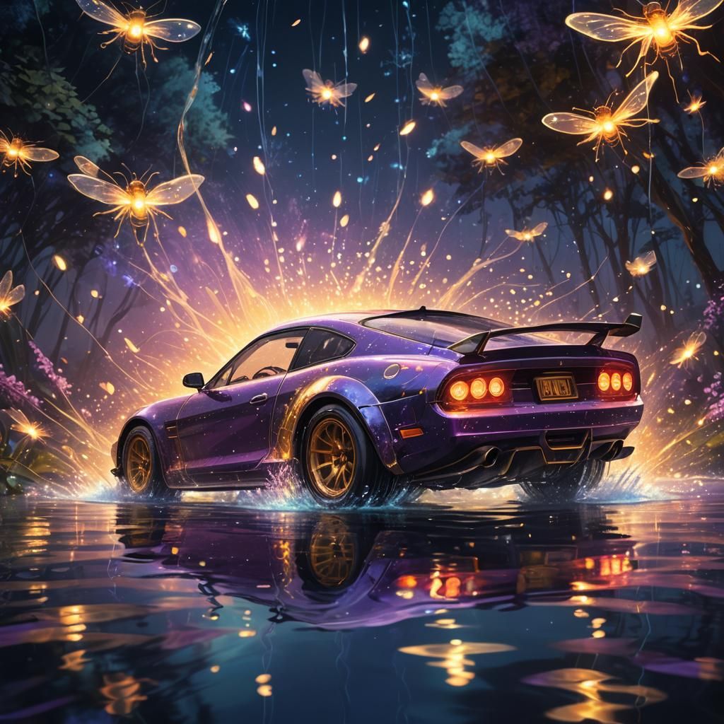 Translucent Racing Car Floating with Fireflies