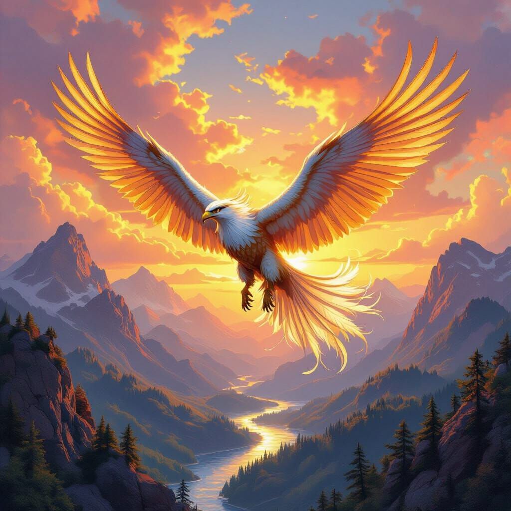 Griffin Soaring Through Sunset Sky, Fantasy Art Style
