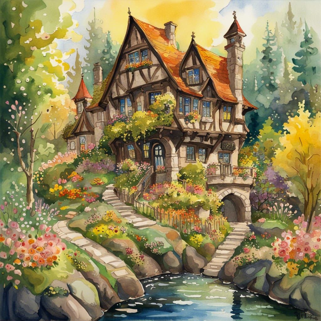Fantasy Cottage in Golden Aspen Forest, Watercolor