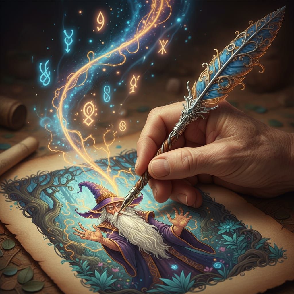 Hand Drawing Wizard Conjuring Cosmic Energy