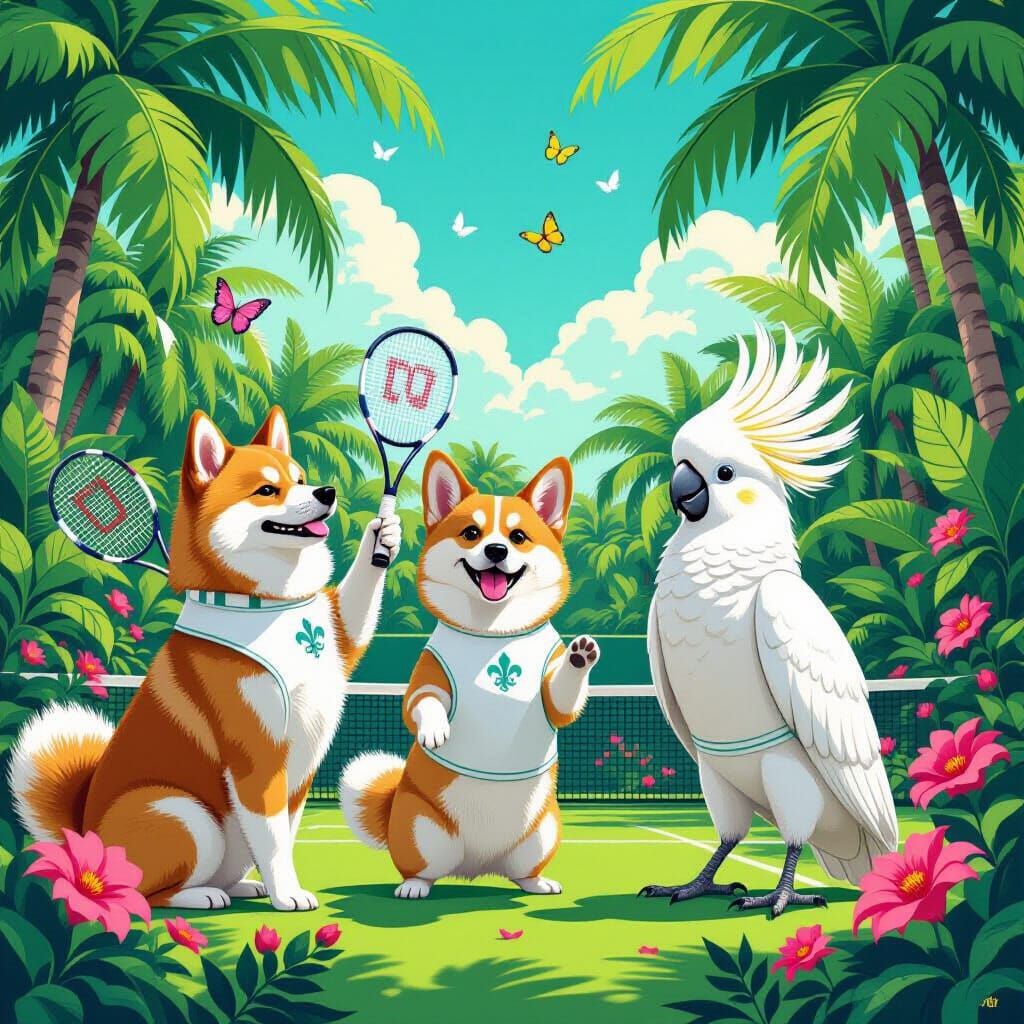 Shiba Inu, Corgi, and Cockatoo at Wimbledon
