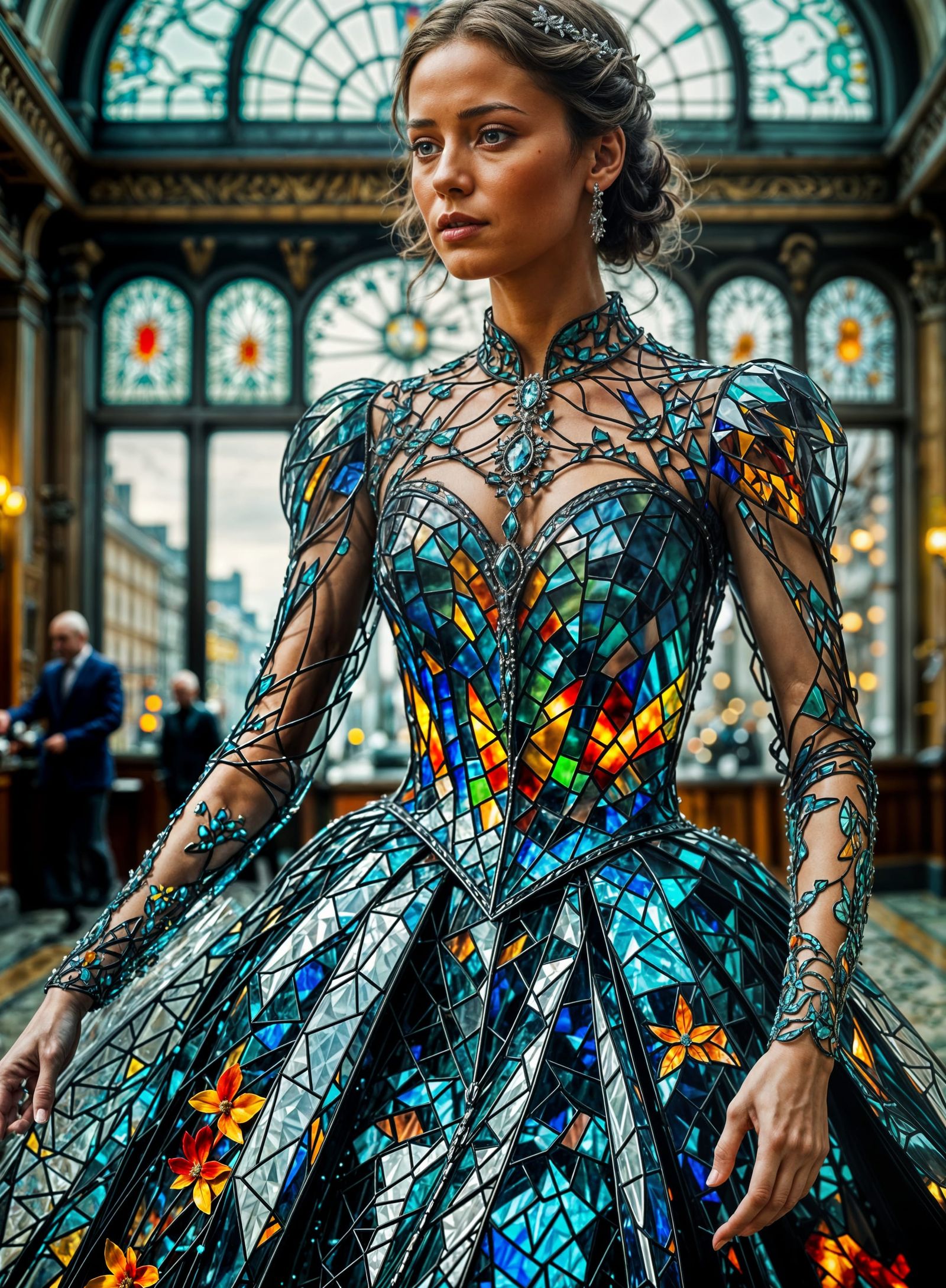 Woman in Intricate Glass Dress