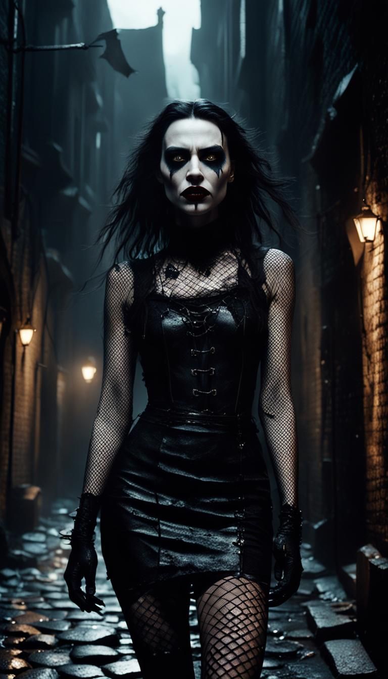 Gothic Vampire in Dark Alleyway, Tim Burton Style