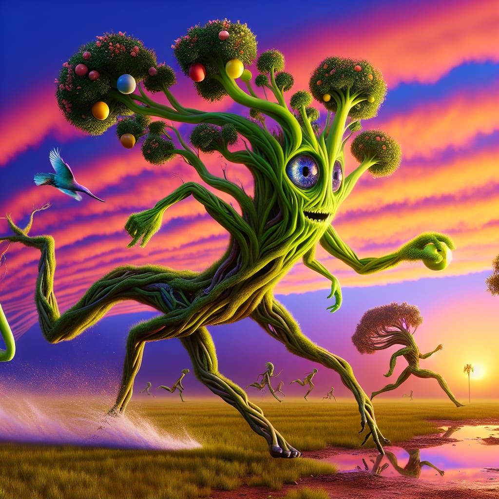 Anthropomorphic Tree Chasing Shrub in Hyperrealistic Style