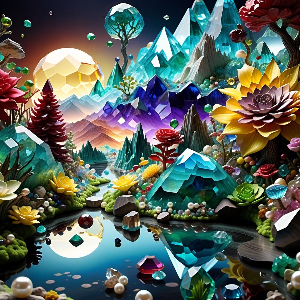 Gemstone Fantasy Landscape Radiates Warm Sunset Light