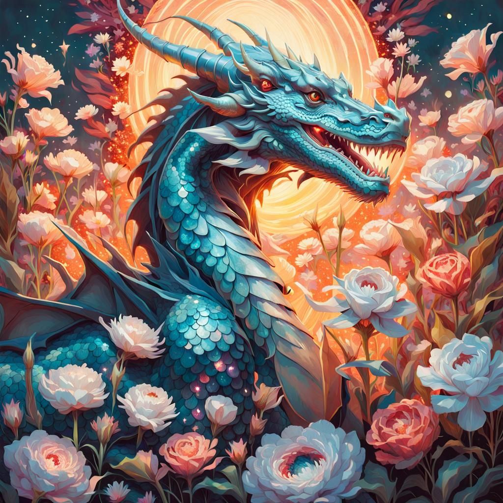 Celestial Dragon in Flower Field: Iridescent Digital Art