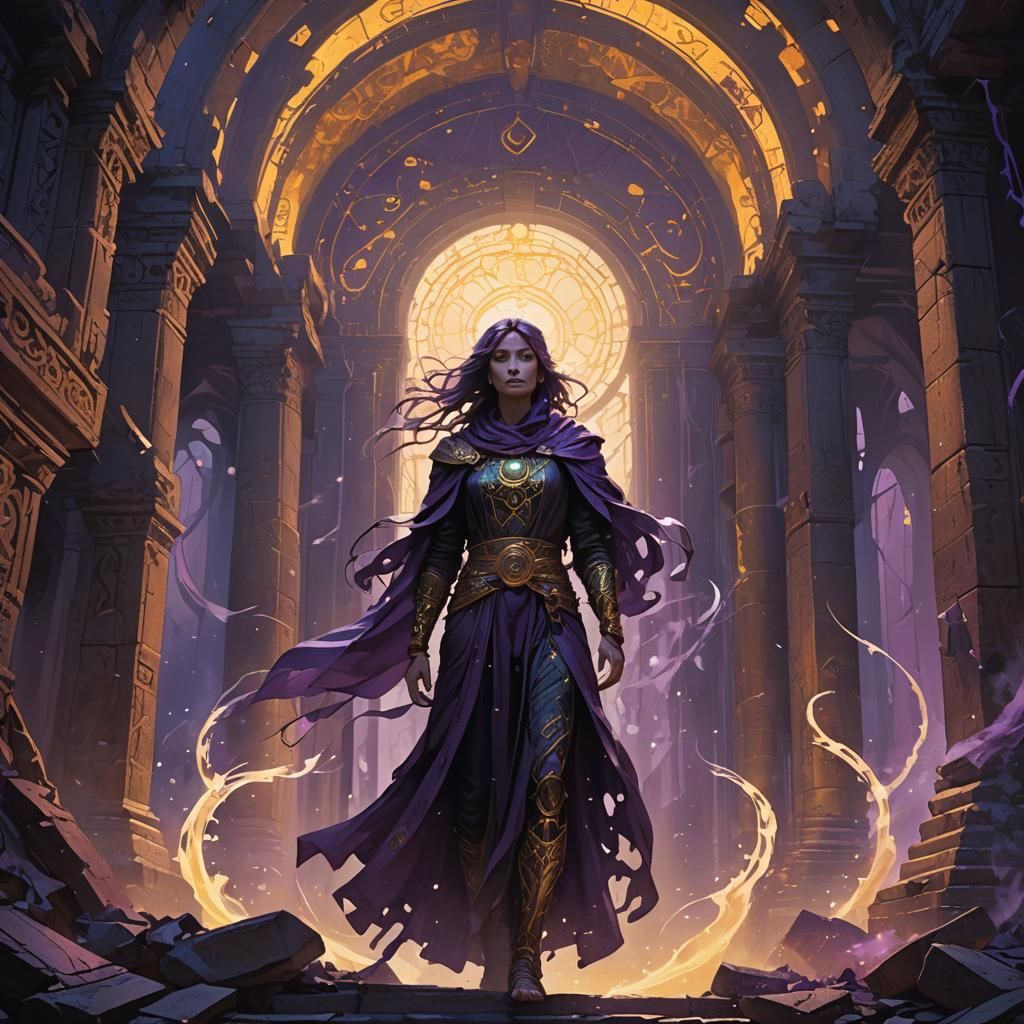 Ethereal Transparent Figure in Mystical Ruined Temple