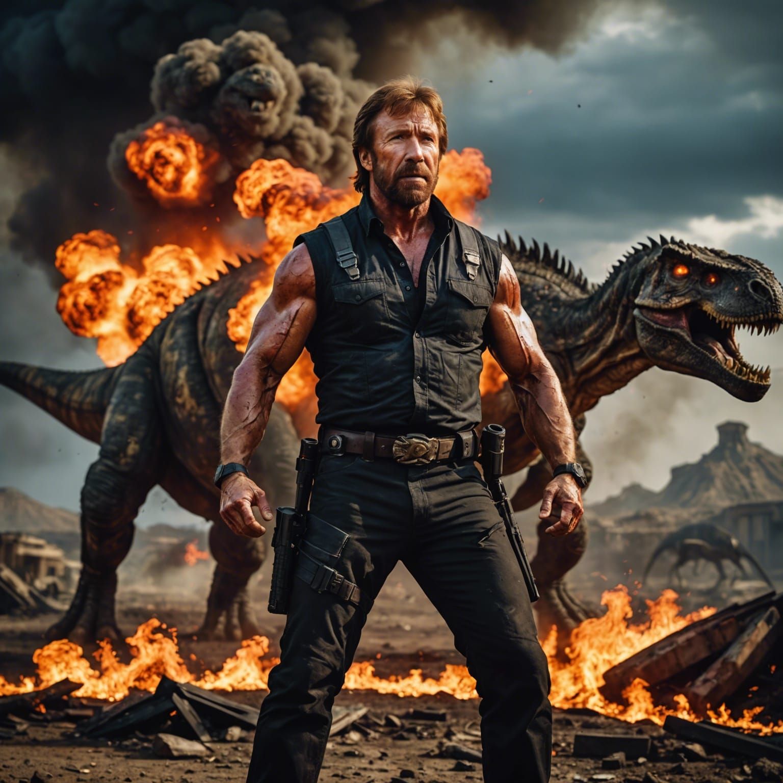 Epic Cinematic Image: Chuck Norris in a Dinosaur Wasteland