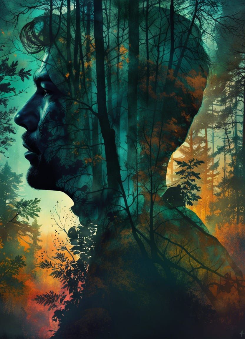 Mysterious Forest Man: Double Exposure Portrait