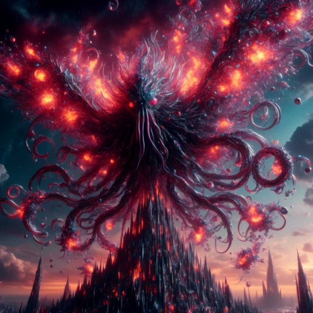 Crystal Horror Titan Over Village: Dark Fantasy Art