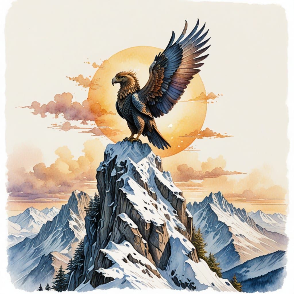 Majestic Griffin Perched on Snowy Peak in Watercolor