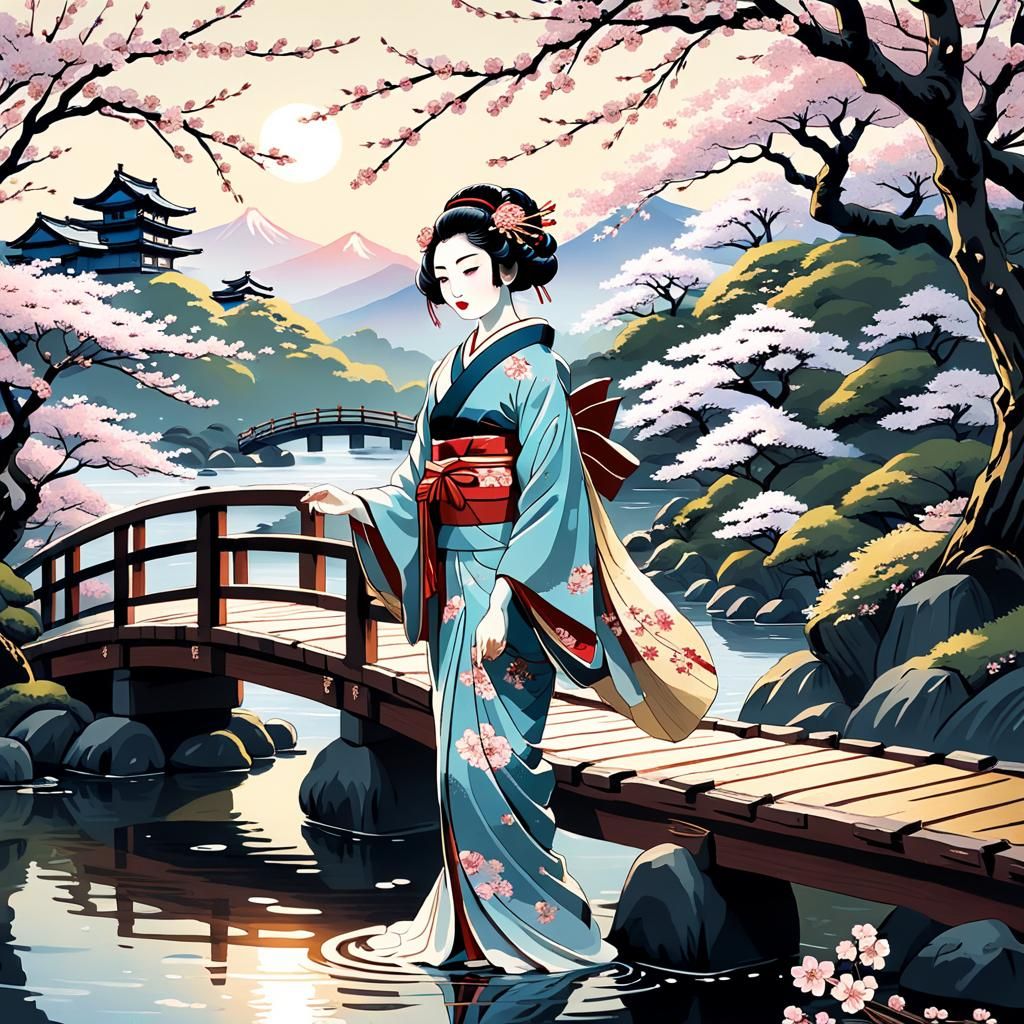 Geisha on Bridge in Ukiyo-e Japanese Art Style