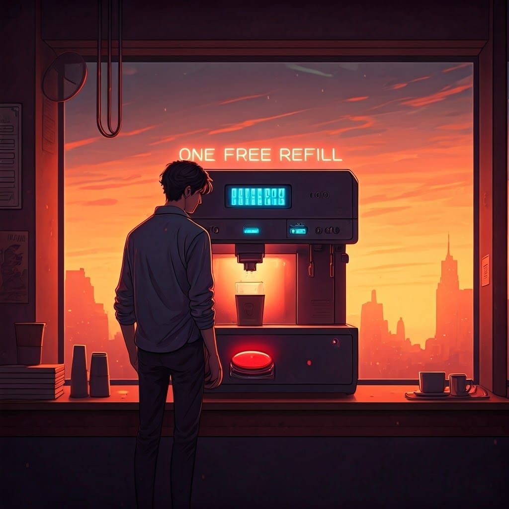Cyberpunk Café Scene with Tempting Coffee Machine