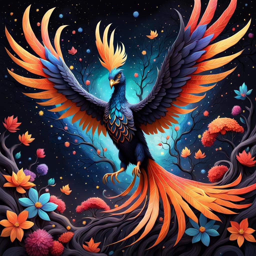 Pixar Phoenix with Colorful Leaves and Starry Night