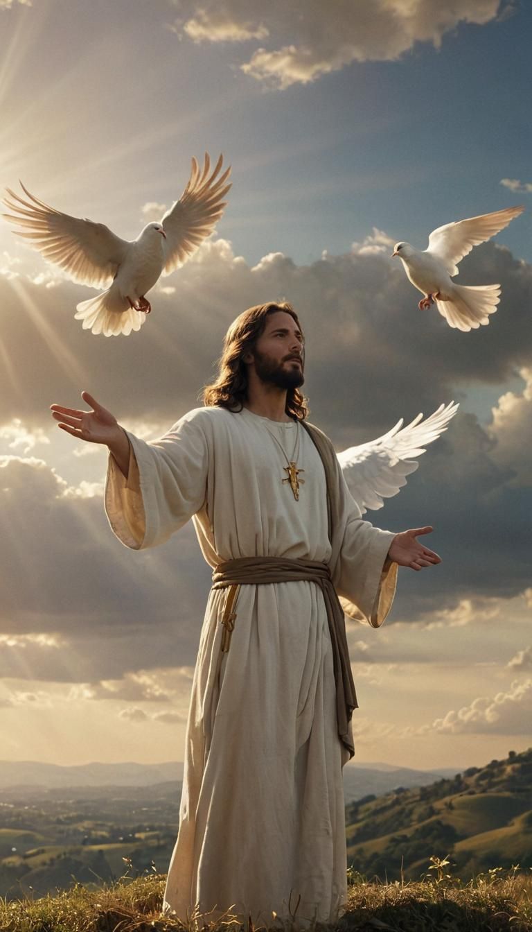 Jesus Holds Dove in Divine Light