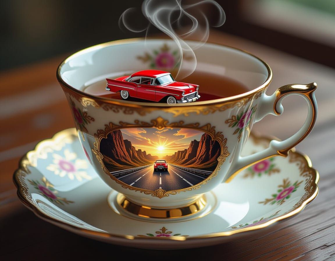 Miniature Car Highway Inside Antique Teacup