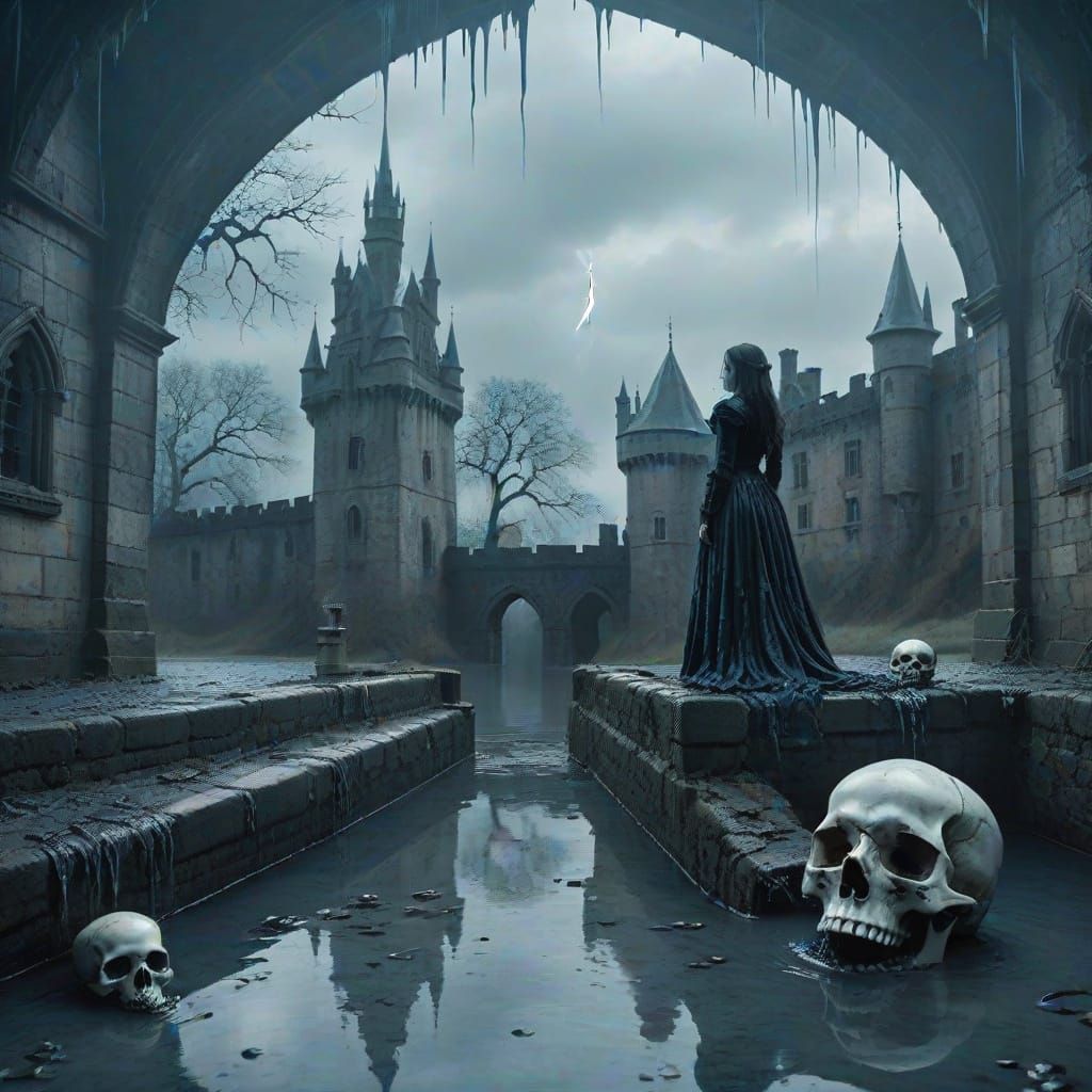 Eerie Gothic Lady in Castle Moat