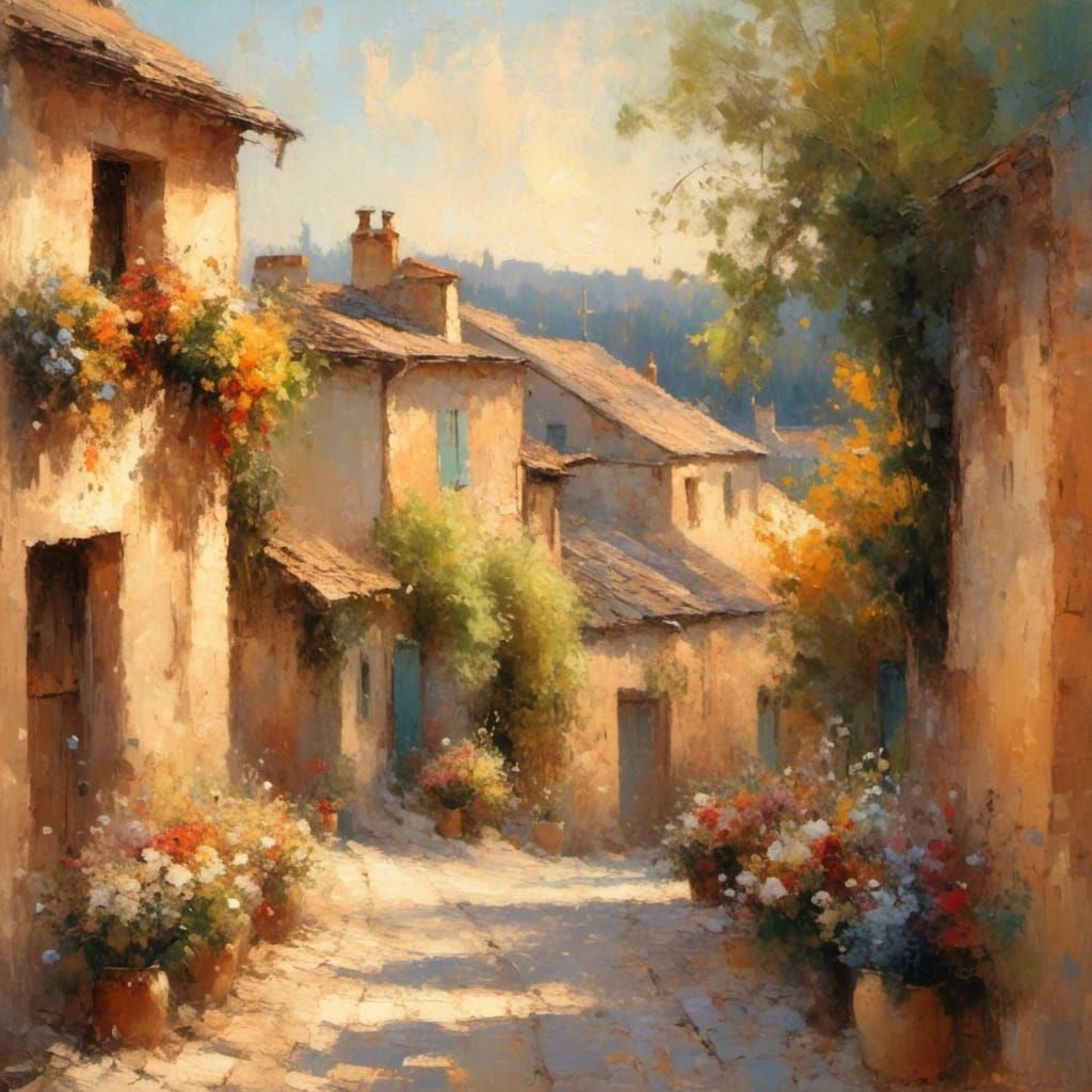 Provence Village in Impressionist Painting Style