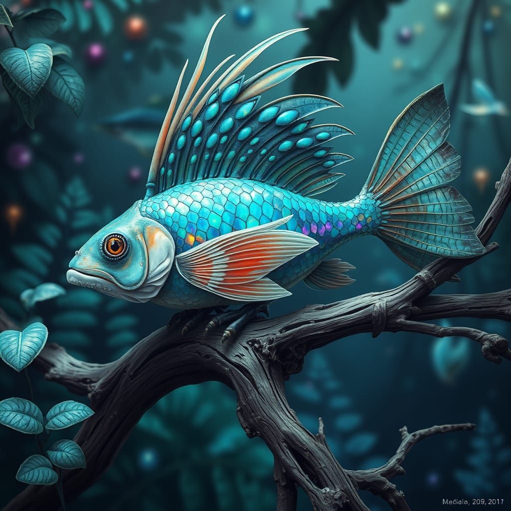 Surrealist Fish Bird Hybrid in Dreamlike Aquatic Scene