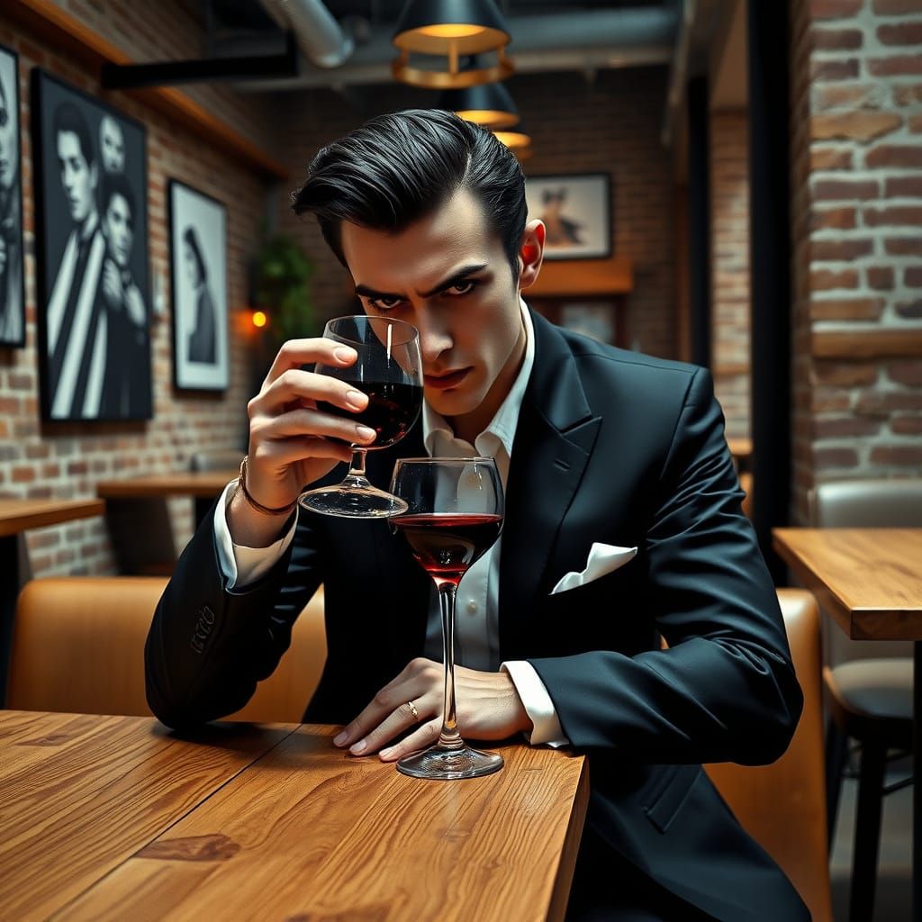 Elegant Vampire Sips Artisanal Blood in Industrial Chic Café