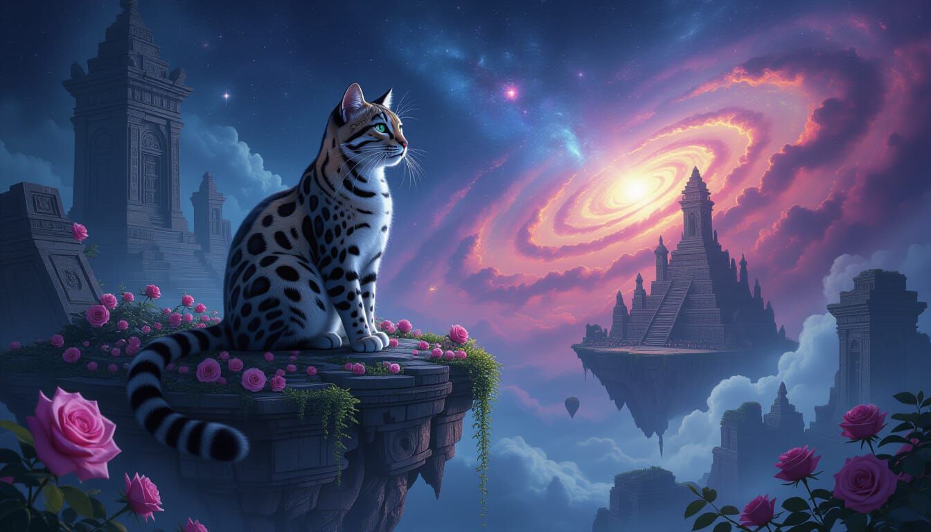 Cosmic Leopard Cat on Floating Island in Nebula