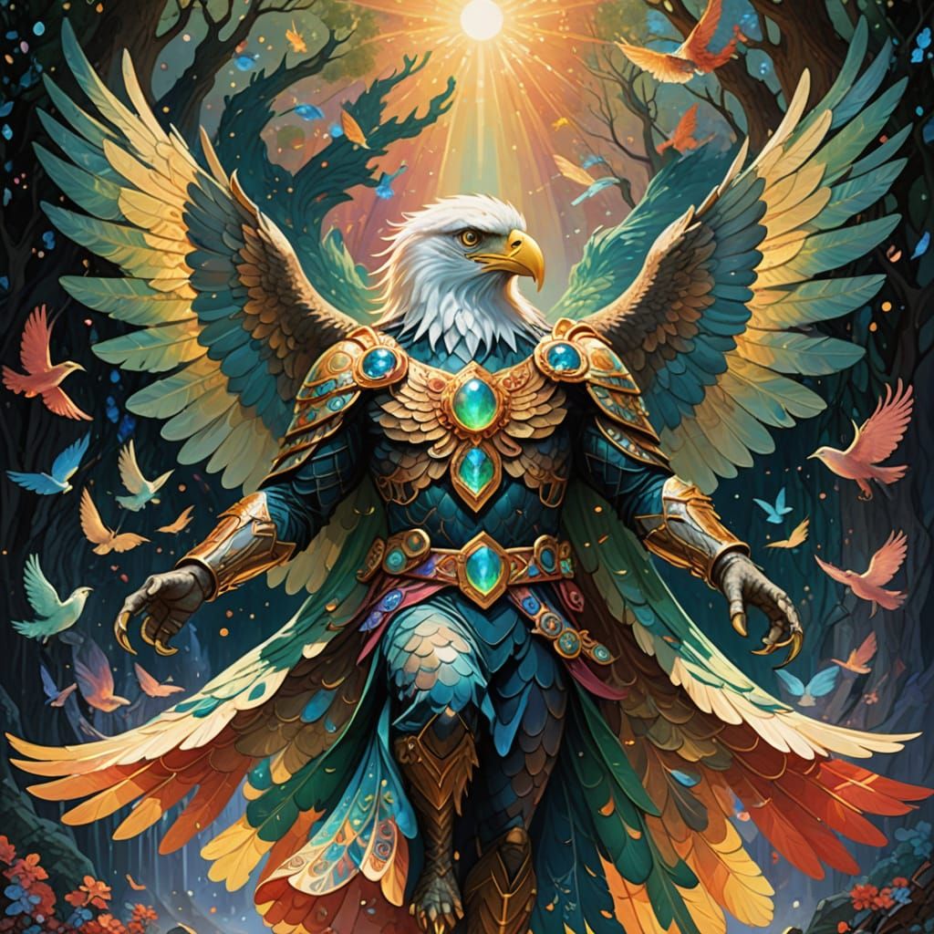 all vibrant swishy Cassiterite-opal sparkle wings on anthropomorphic Cassiterite-opal male fairy-Eagle God in a loin Kil...